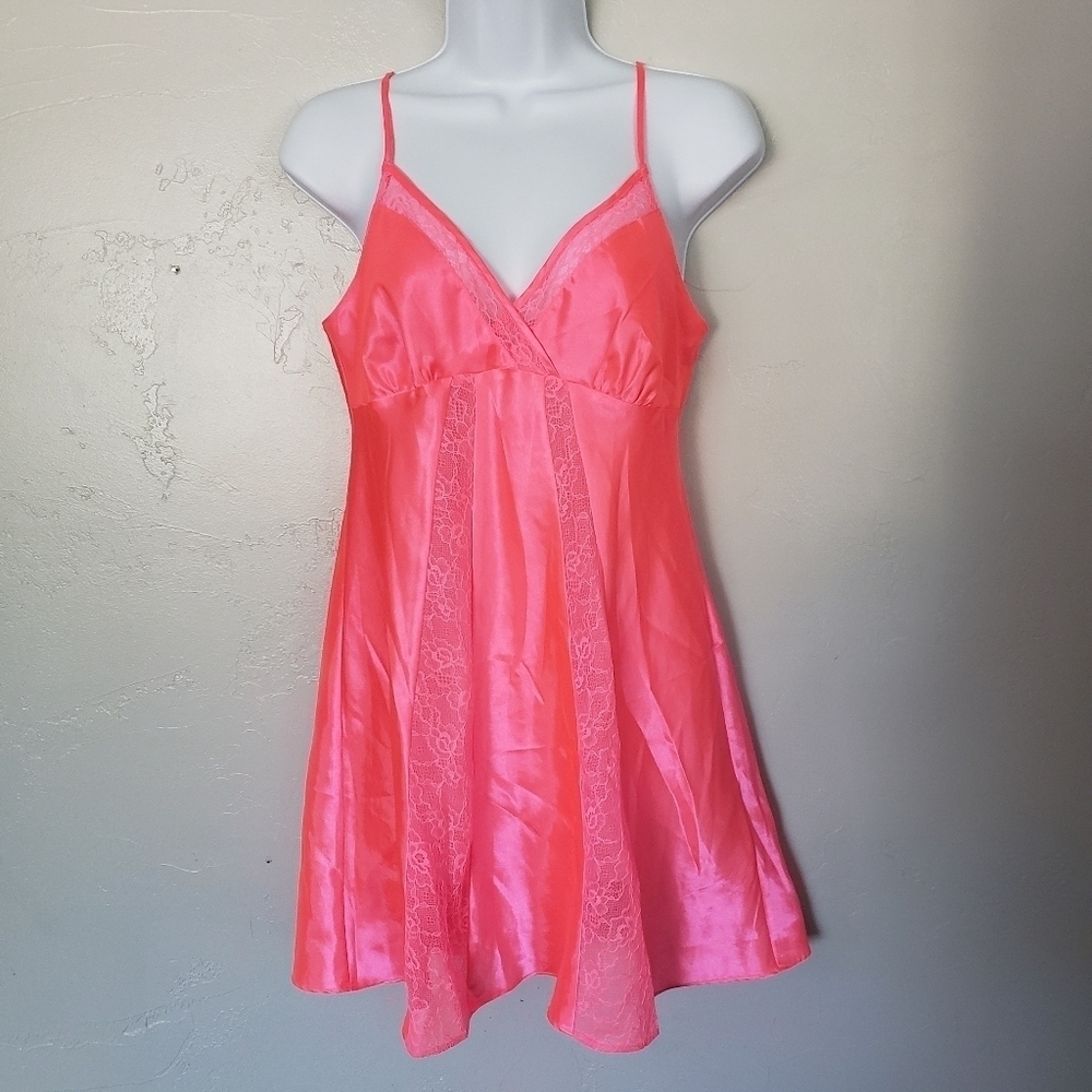 Morgan Taylor Intimates Neon Pink Lingerie Slip Dress Women's Small V-neck Satin